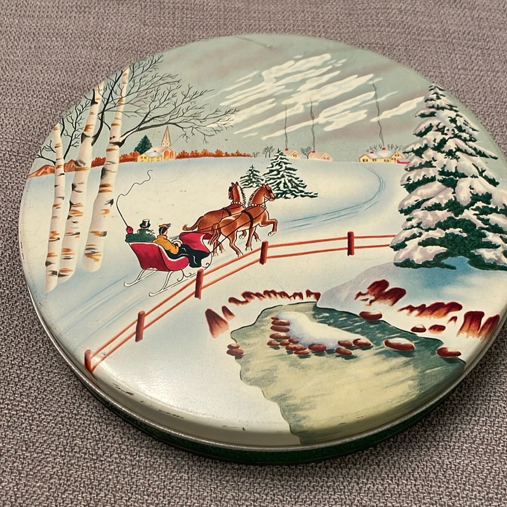 Vintage Cookie Tin by OLIVE Can Chicago with Winter Scenery Horse Drawn Sleigh